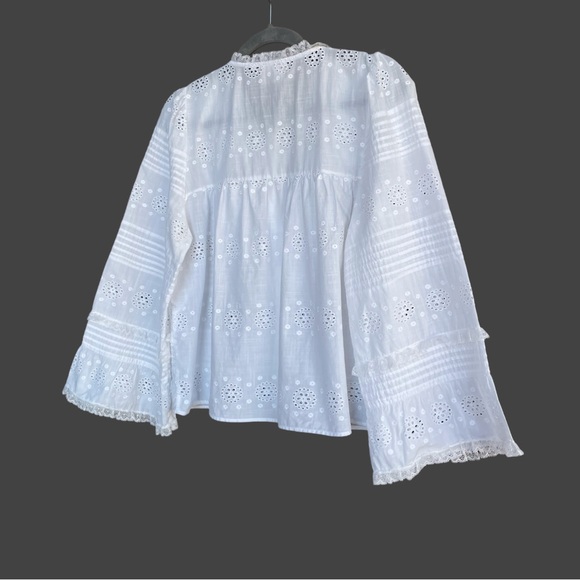 SEZANE White Floral Eyelet Embroidered Pleated Lace Ruffle Bell Sleeve Nele Top - Picture 11 of 17